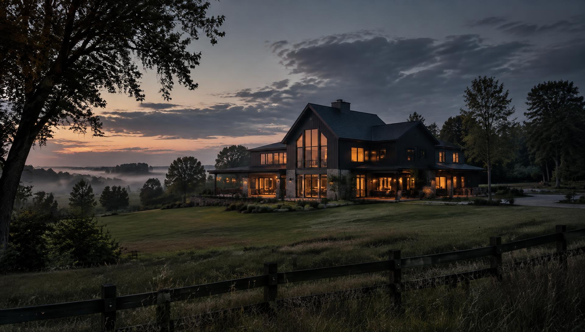 Rural Ontario country estate on acreage at dusk
